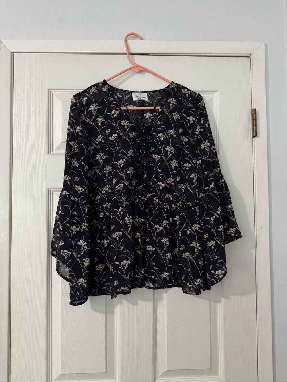 Floral Lace-Trim Peplum Blouse - Navy with Cream Flowers
